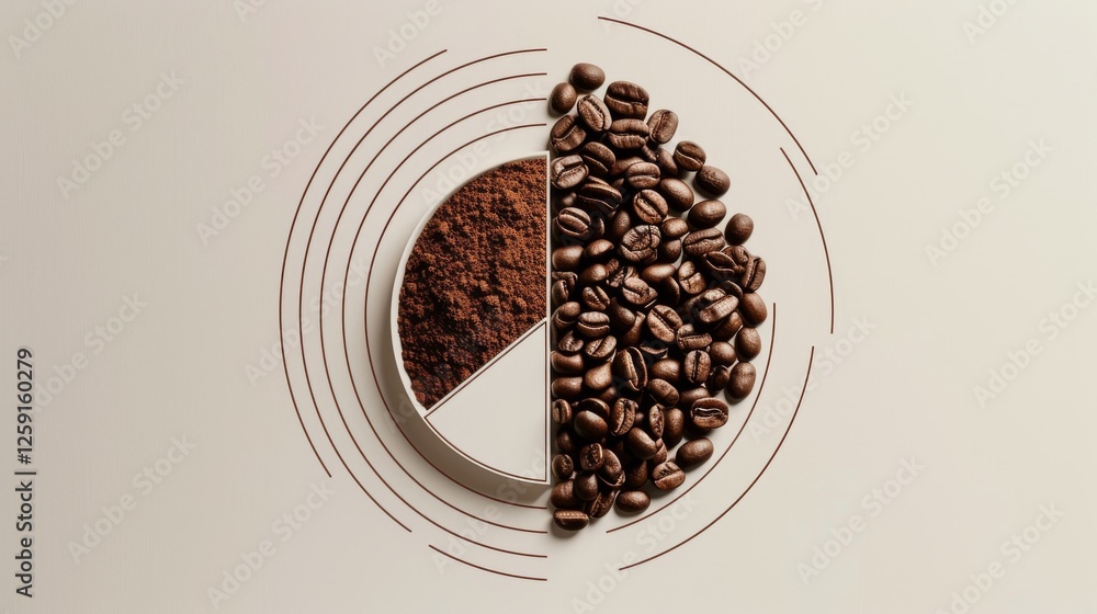 Poster a creative abstract composition featuring coffee beans and ground coffee arranged in a pie chart des