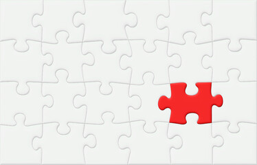 Red Puzzle Piece Jigsaw Highlighted Among Other Grayed-Out Pieces, Off-Centered Background, Vector 3D Effect, Presentations and Meetings