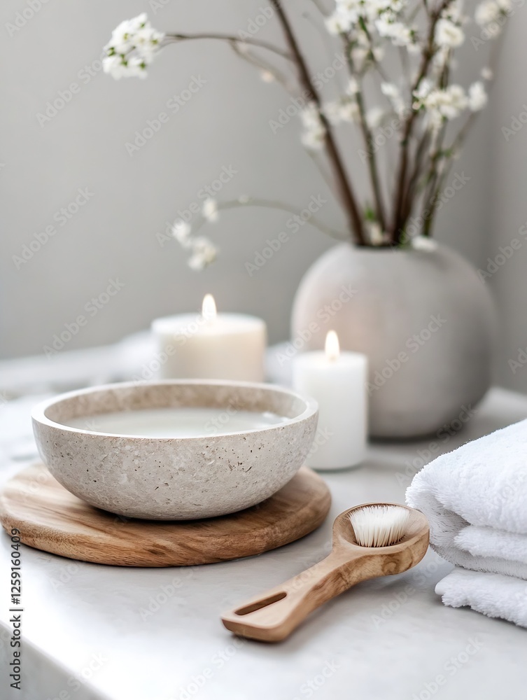 Poster calming spa scene featuring elegant bowl and natural elements with candles : generative ai