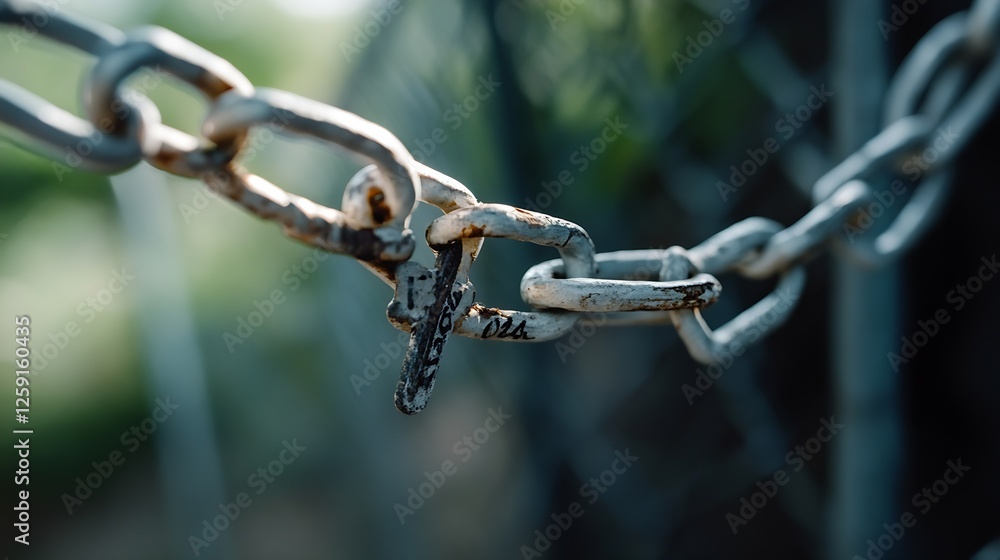 Poster Close up of a rusted chain link with a key symbolizing security and access : Generative AI