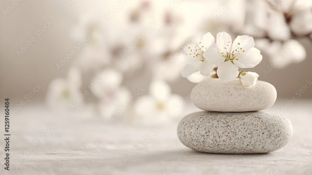 Poster stylish arrangement of stones with cherry blossoms on a soft background : generative ai