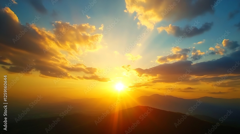Aufkleber golden sunrise illuminating mountains with rays of light breaking through the clouds : generative ai