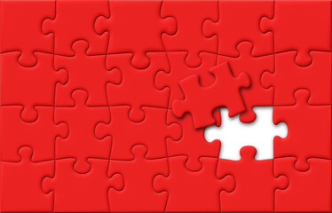 Red Puzzle Pieces Jigsaw with One Last Missing Piece on Top, Off-Centered Background, Vector 3D Effect with Shadows