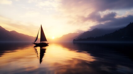 Fototapeta premium Serene Sunrise Over Calm Water with Sailboat Silhouetted Against Dramatic Sky : Generative AI