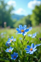 Blue forget me nots in a sunny meadow with wildflowers, garden, wildflowers