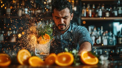Bartender preparing a flaming orange cocktail