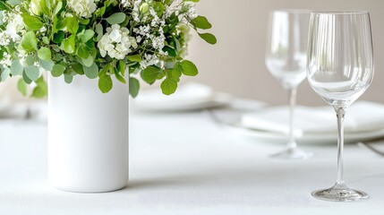 White vase with flowers and empty glasses on a white table setting