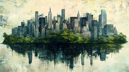 Reclaimed cityscape natures urban renewal. Serene Apocalypse. Illustration