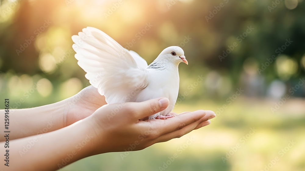 Poster serene white dove resting gently in hands with sunlight illuminating the scene : generative ai