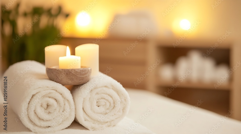 Poster Spa Setting with Soft Towels and Candles Creating Relaxing Atmosphere : Generative AI