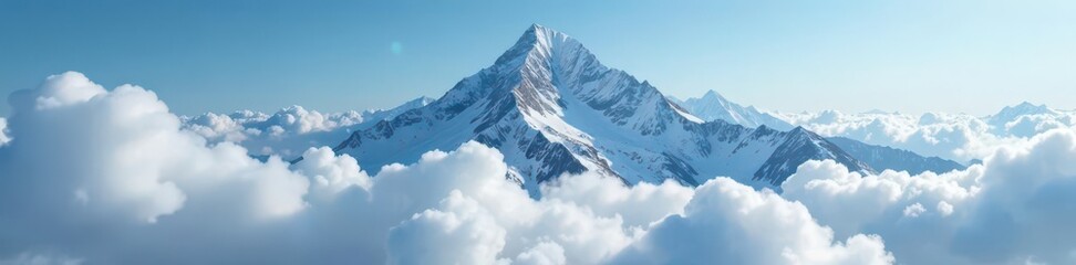 Dense clouds enveloping a majestic snow-capped mountain, mountainous region, clouds