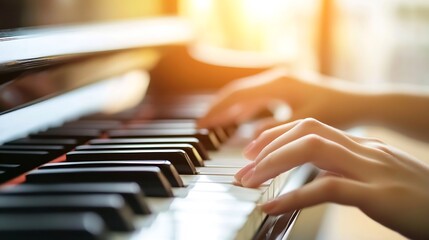 Hands playing piano keys highlighting artistry and emotion in musical performance during golden hour : Generative AI - obrazy, fototapety, plakaty