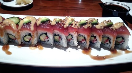 Delicious Sushi Roll Featuring Tuna Avocado and Sesame Seeds