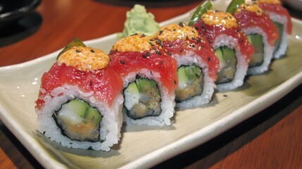 Delicious Spicy Tuna Sushi Rolls Served on Plate