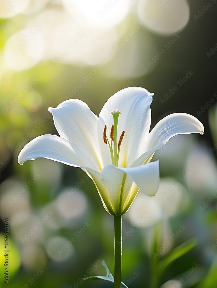 Poster Beautiful White Lily Flower with Soft Blurred Background in Spring : Generative AI