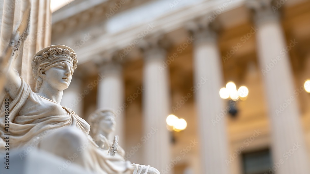 Aufkleber Classical Architecture with Intricate Statue Detail and Columns Captured in Soft Focus for Artistic Presentation : Generative AI