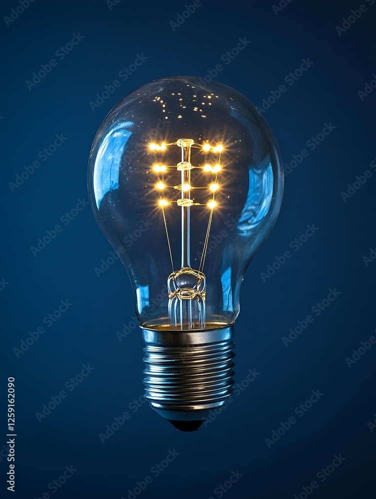 Poster vintage light bulb with illuminated filaments against deep blue background creating a modern aesthet