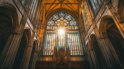Sunlit Gothic Cathedral Interior: A Symphony in Stone and Glass