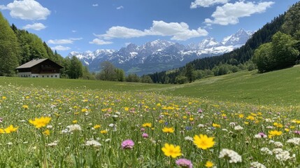 Alpine House Meadow Wildflowers Majestic Mountains