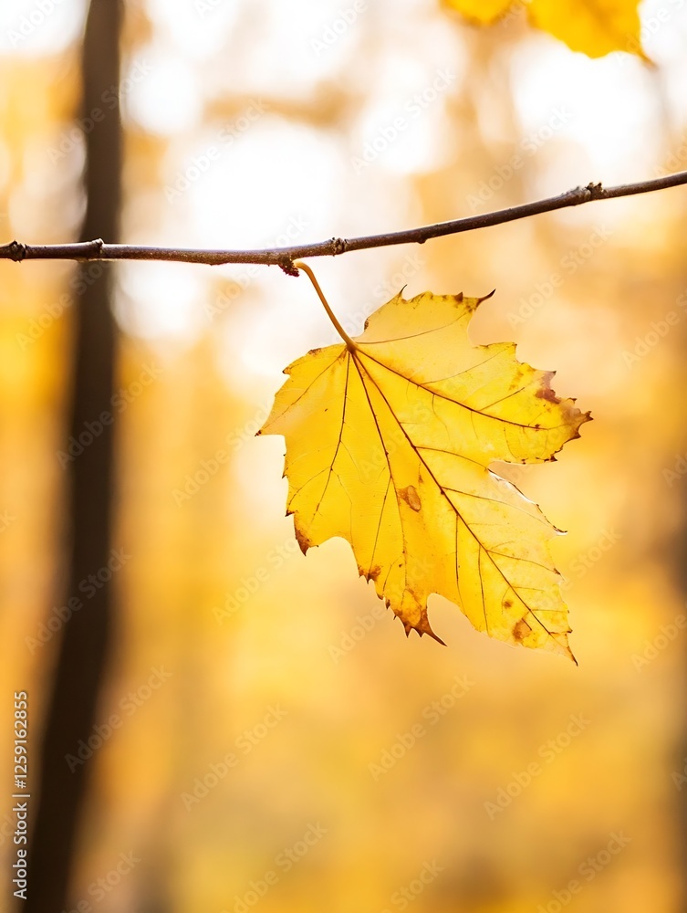 Poster beautiful autumn leaf on a branch with bright yellow color in backlit natural environment : generati