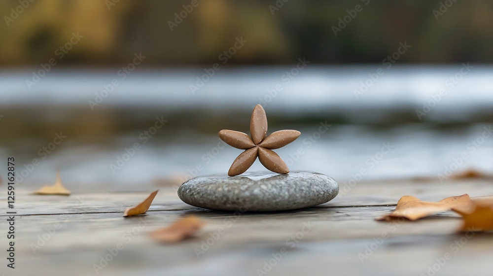 Aufkleber delicate star shaped seed on a smooth stone against a blur of nature in a calming outdoor setting : 