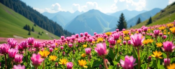 Obraz premium Horizontal rows of pink Erinus alpinus flowers in a sunny mountain meadow landscape, meadow, horizontal, floral