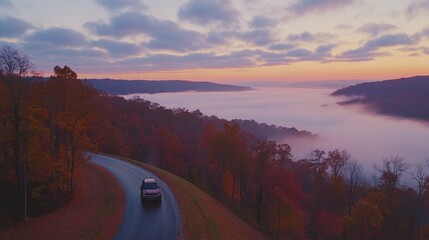 Fototapeta premium Autumn Drive Through Misty Mountain Valley at Sunrise