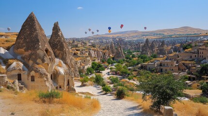 Cappadocia landscape with hot air balloons and cave dwellings