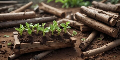 Fototapeta premium Tiny coffee seedlings sprout in lush green soil with natural wooden logs and branches surrounding them , nature, coffee, growth