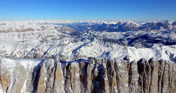 Aerial drone view of the Marmolada mountain in the Dolomites, northeastern Italy