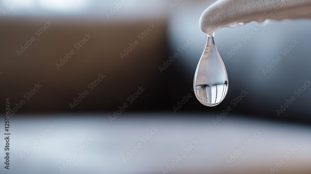 Poster close up of a water droplet forming on a soft surface reflecting a calm background : generative ai