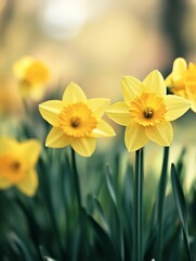 Beautiful close-up of vibrant yellow daffodils blooming in a sunny garden representing spring vitality : Generative AI