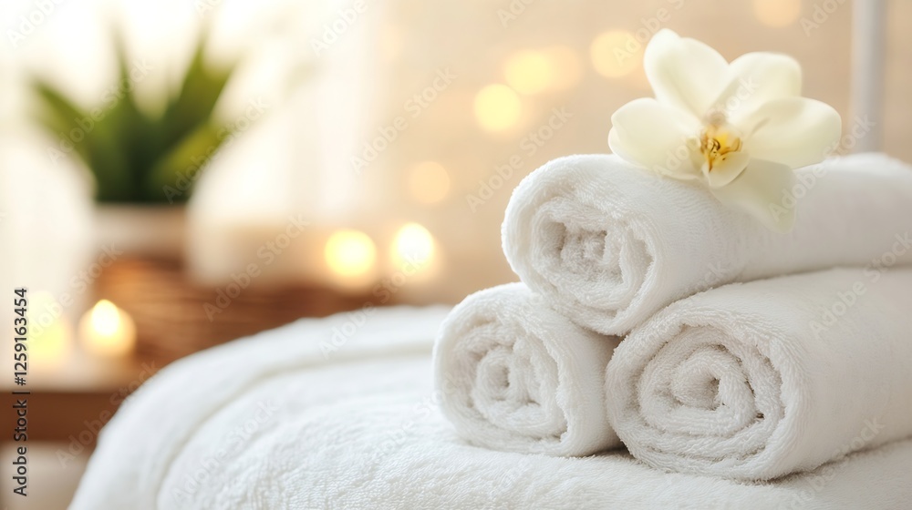 Poster relaxing spa setting with fluffy towels, soft lighting, and a serene flower accent : generative ai