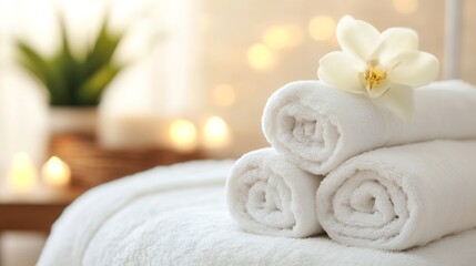 Relaxing spa setting with fluffy towels, soft lighting, and a serene flower accent : Generative AI