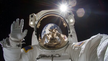 Astronaut in Space Suit Saluting Earth from Space