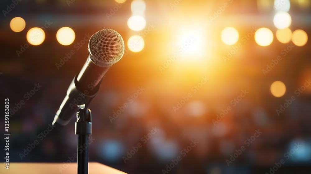 Poster microphone on stand with blurred audience and bright stage lights in background : generative ai