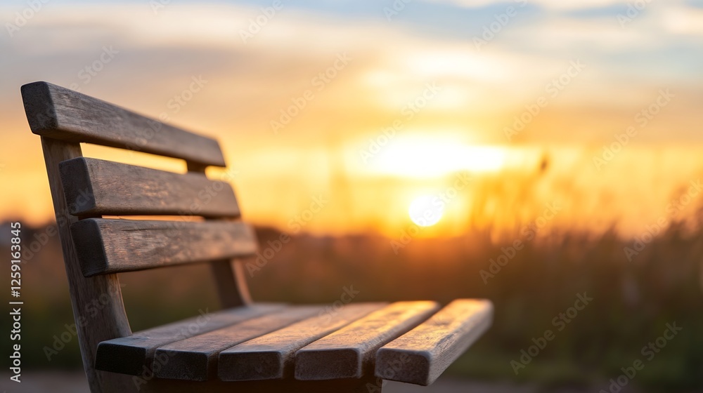 Poster tranquil sunset over a wooden park bench creating a serene atmosphere : generative ai