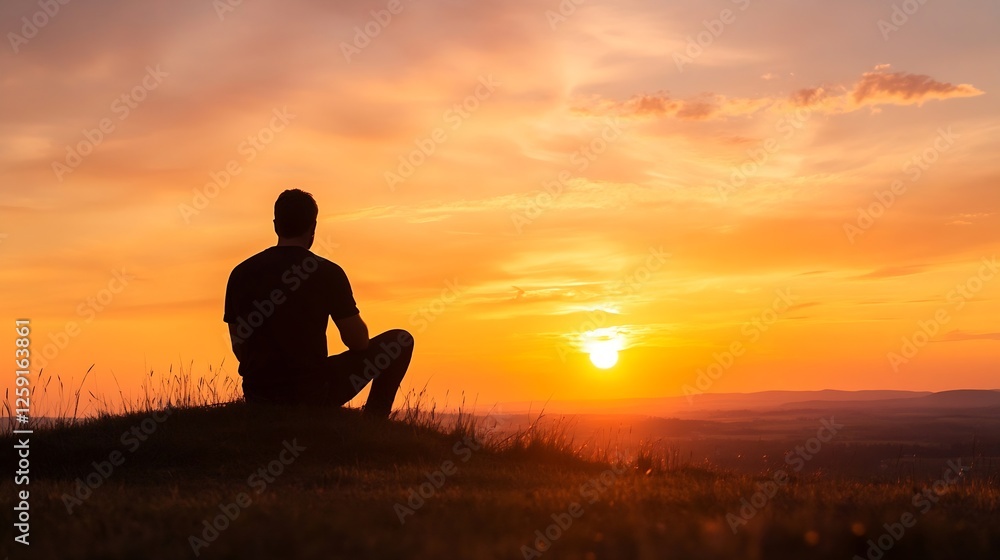 Poster silhouette of a man sitting on a hilltop watching the sunset creating a peaceful atmosphere : genera
