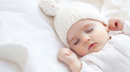 Peaceful Sleeping Baby Wrapped in Cozy Knit Hat and Blanket Dreaming Comfortably : Generative AI