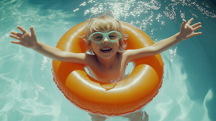 joyful child in orange swimming ring splashes in pool, radiating happiness and excitement. sunlight sparkles on water, creating vibrant atmosphere