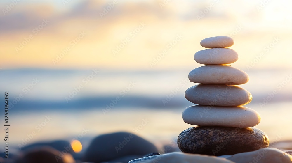 Poster balanced stones stacked on beach representing calmness and peacefulness in nature : generative ai