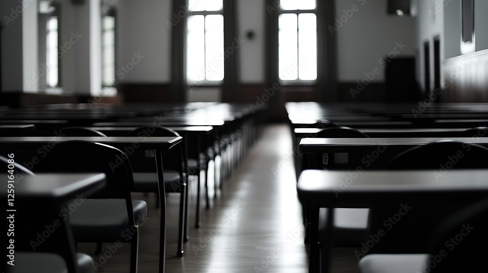Poster Empty Classroom with Desks in a Row Creating a Somber Academic Atmosphere Inside a School Building : Generative AI