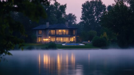 Lakeside Mansion Illuminated at Dusk by Gentle Fog