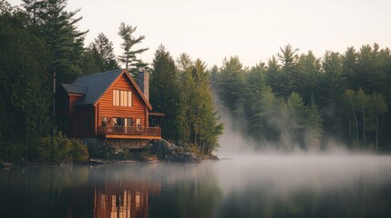 Log Cabin Lakeside Morning Mist Scenic View
