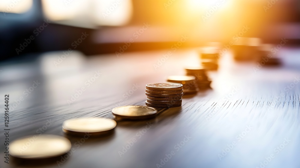 Poster Shiny Coins Arranged in a Line on a Wooden Surface with Soft Light Creating a Warm Mood : Generative AI