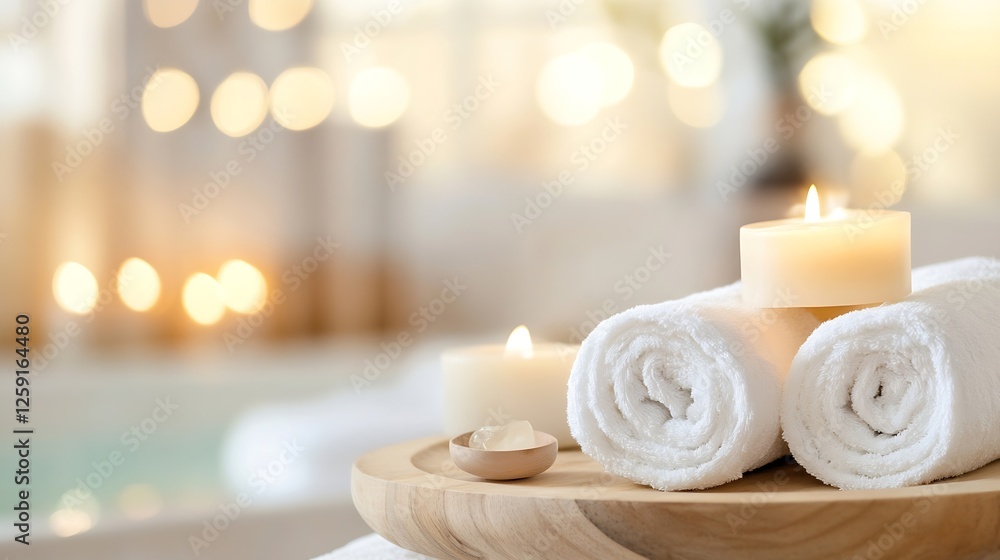 Poster Spa Setting with Soft Towels Candles and Relaxing Atmosphere for Wellness : Generative AI