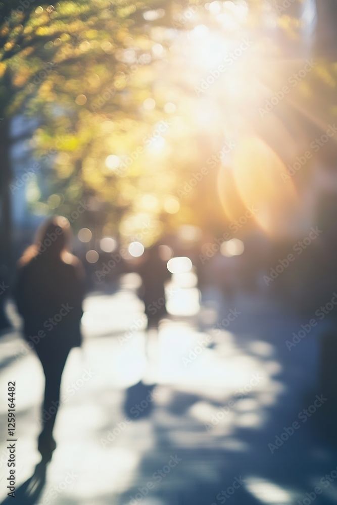 Aufkleber blurred figures walking in a sunlit city street creating a warm and inviting atmosphere : generative