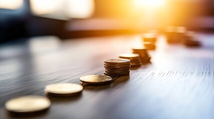 Shiny Coins Arranged in a Line on a Wooden Surface with Soft Light Creating a Warm Mood : Generative AI
