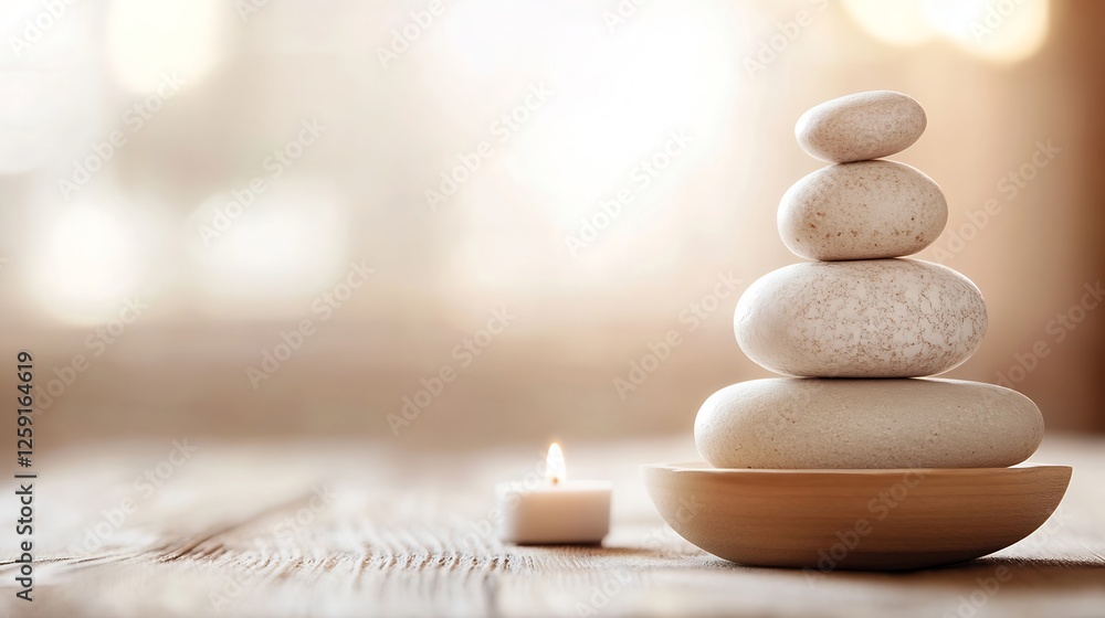 Fototapete serene and calm stone stacking with a candle against a soft light background : generative ai