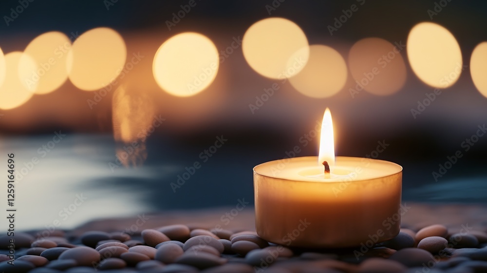 Poster soothing candle on stones with soft focus warm light bokeh effect : generative ai